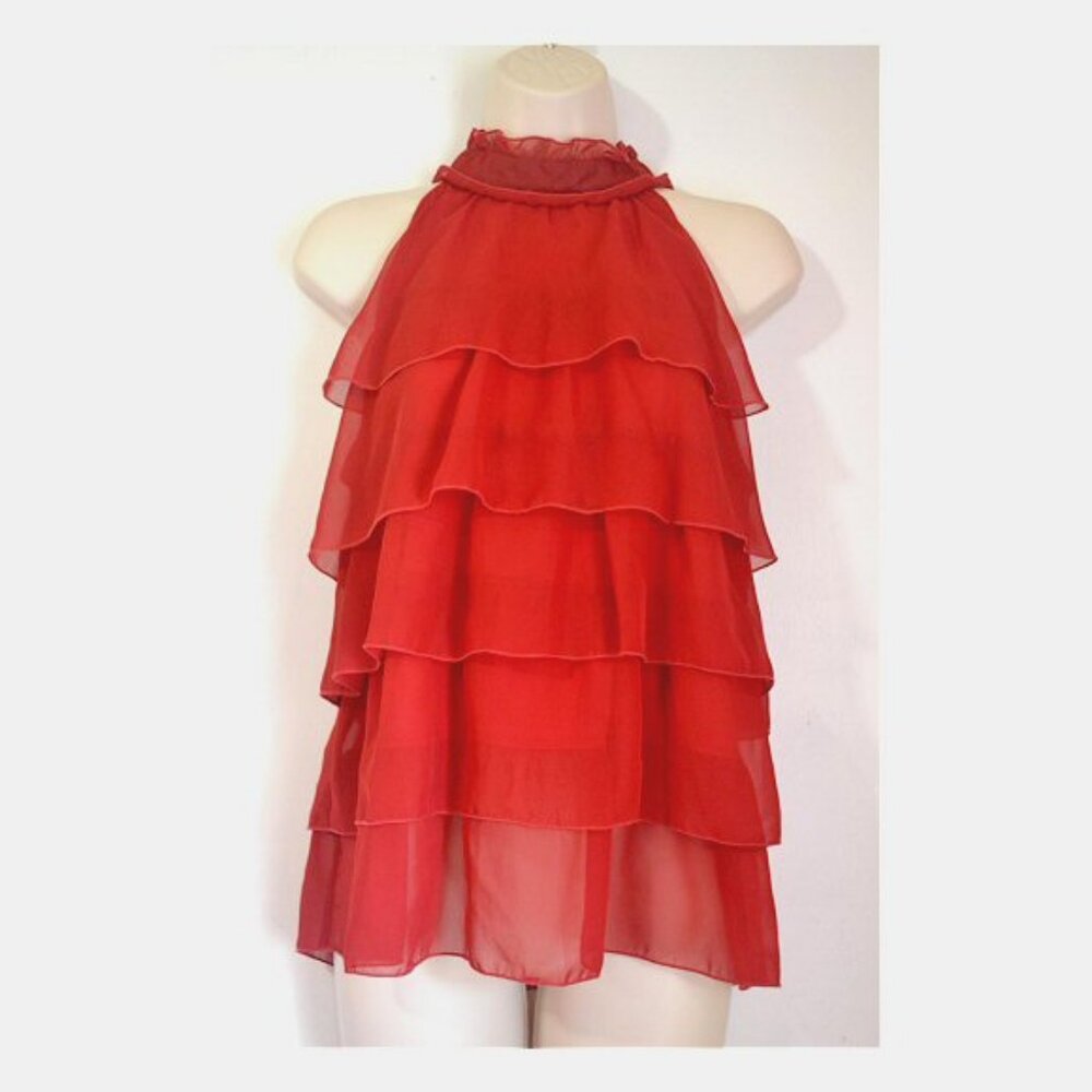 Pretty High Neck Red Ruffle Blouse Size M